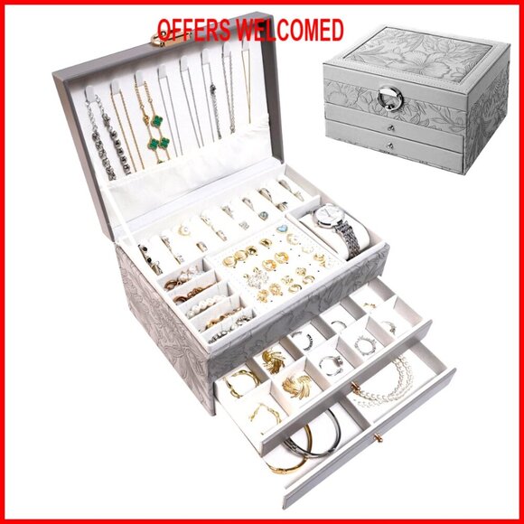 Large 3-Layer Jewelry Organizer Box with Drawers for Necklaces Earrings Rings
